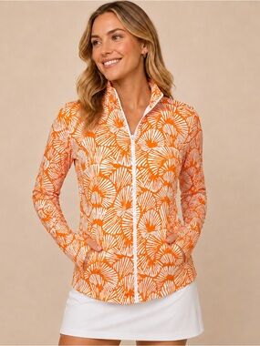 Tommy Bahama Golf Women’s Jacket Full Zip Orange Thumbholes Athleisure UPF Large